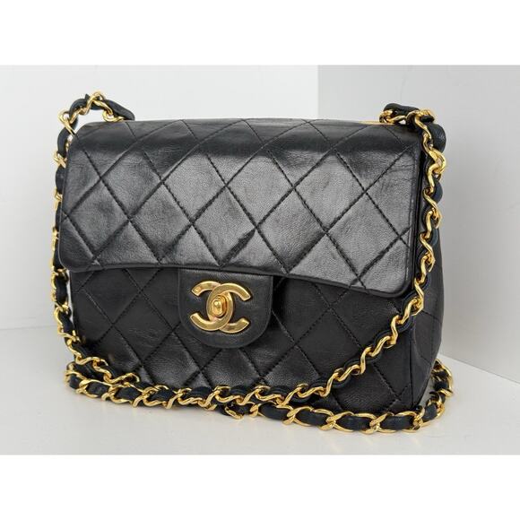 Chanel Classic Mini Square Single Flap Bag Black with Gold Hardware B-2 - Picture 1 of 16